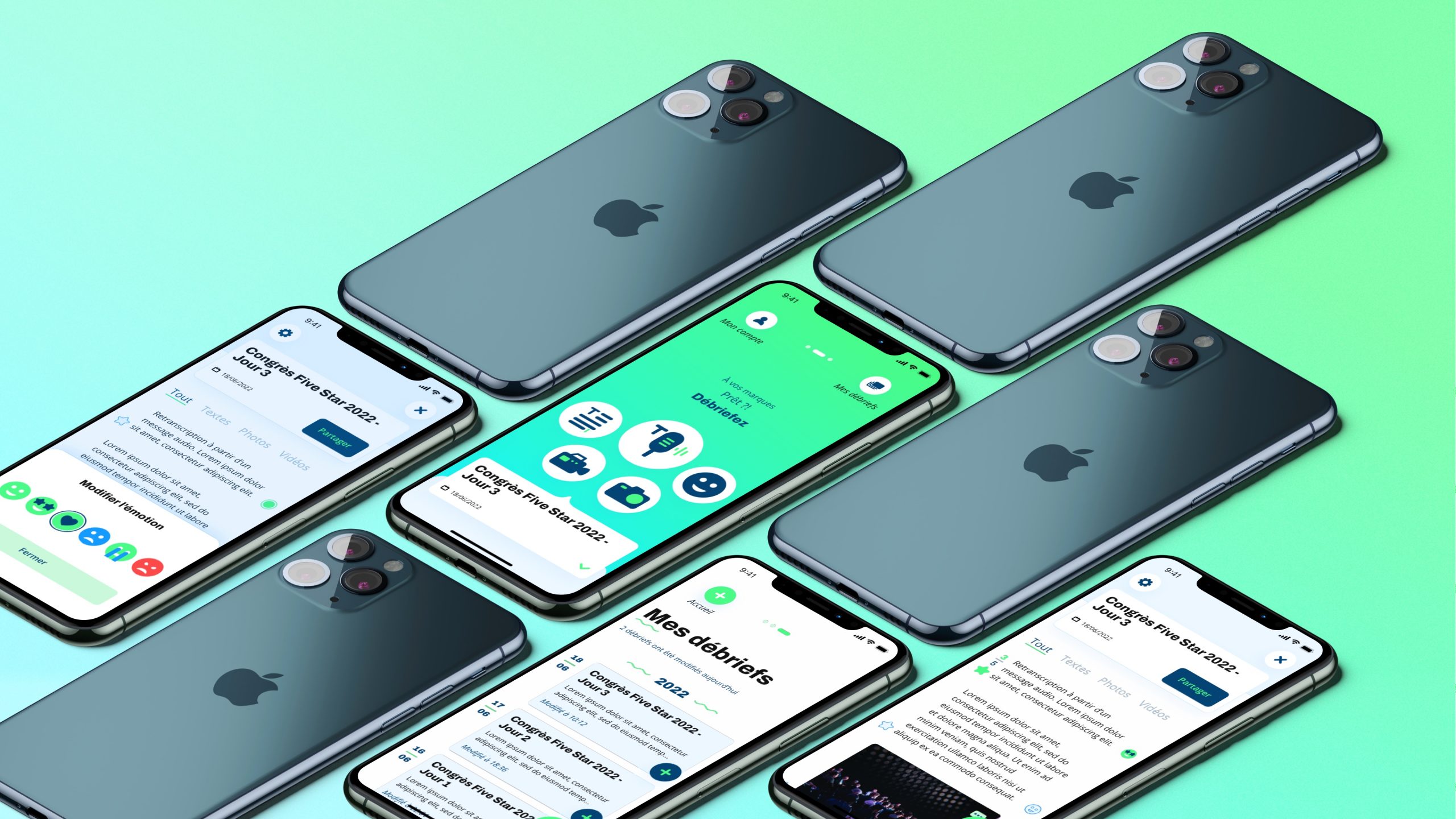 Vue d'ensemble de mockup présentant l'UX Design de Debrief