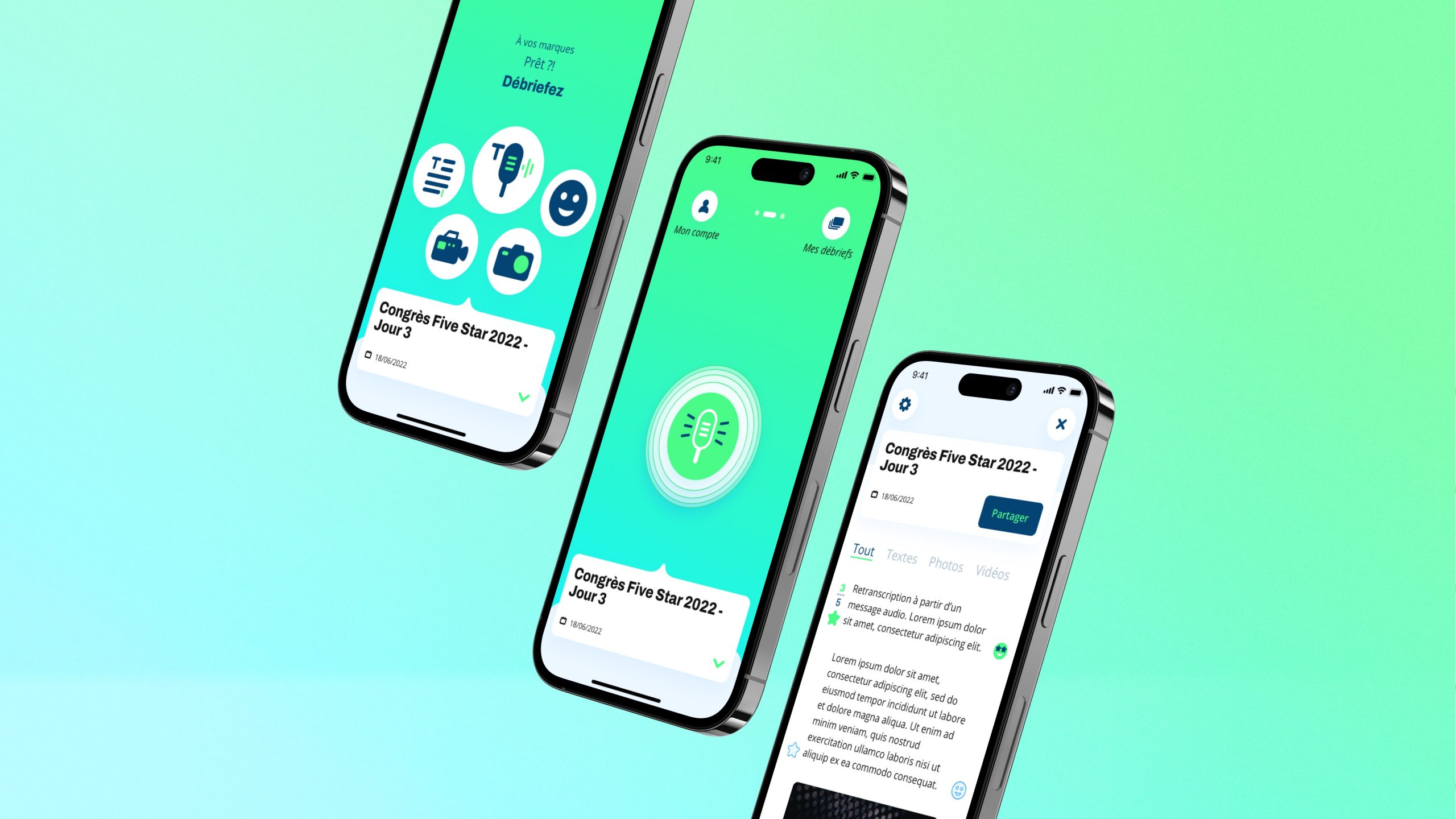 Mockups présentant le parcours UX du speech to text