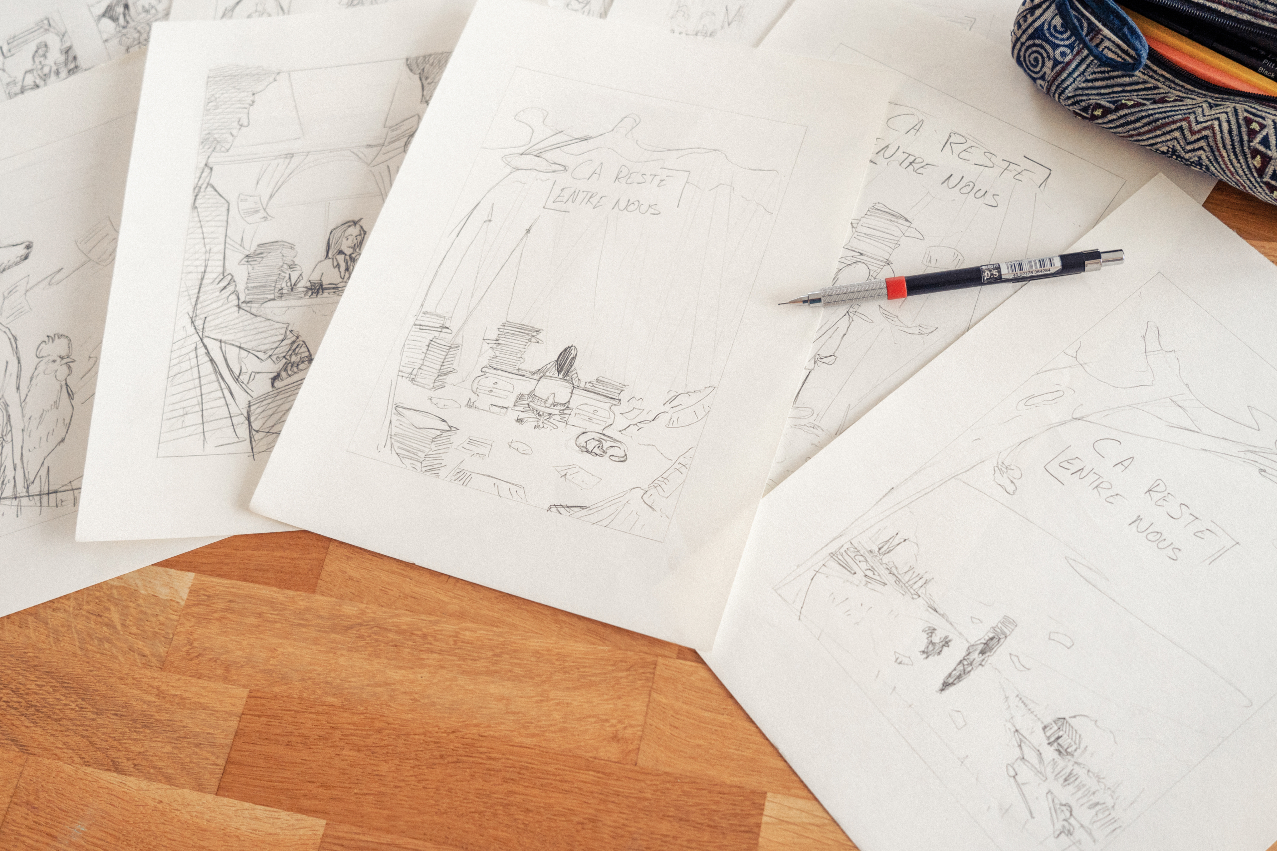 First sketch for the book cover Ca reste entre nous illustrated by Jason Dejaegere