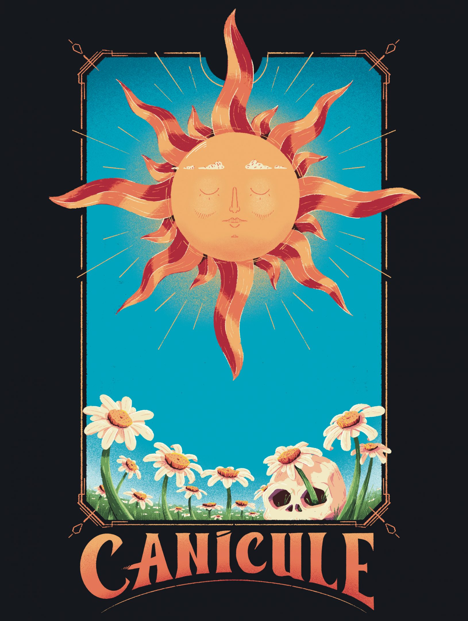 Illustration by Jason Dejaegere in a tarot card style of the sun above a flowers field where a human skull is hidden