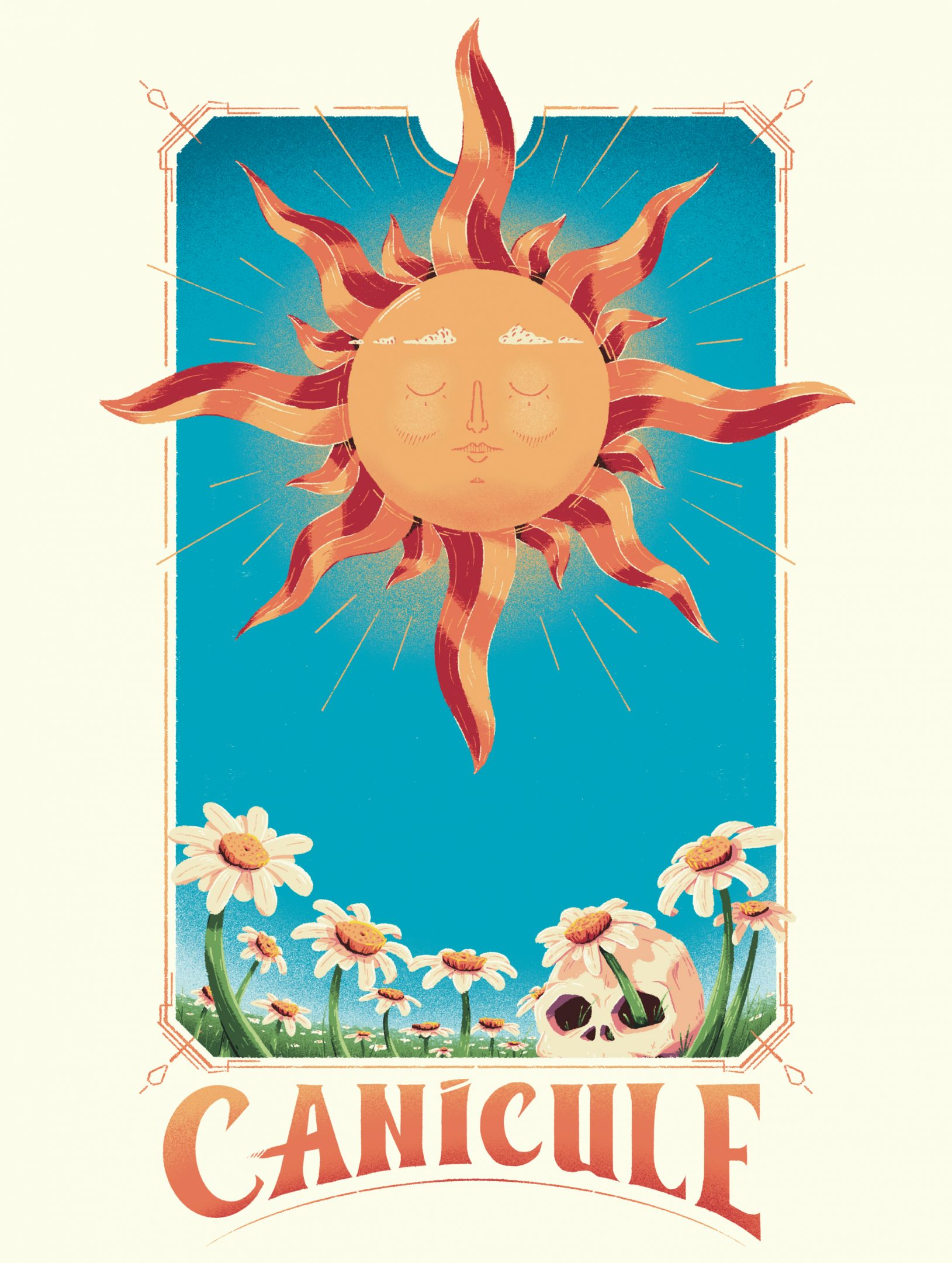 Illustration by Jason Dejaegere in a tarot card style of the sun above a flowers field where a human skull is hidden