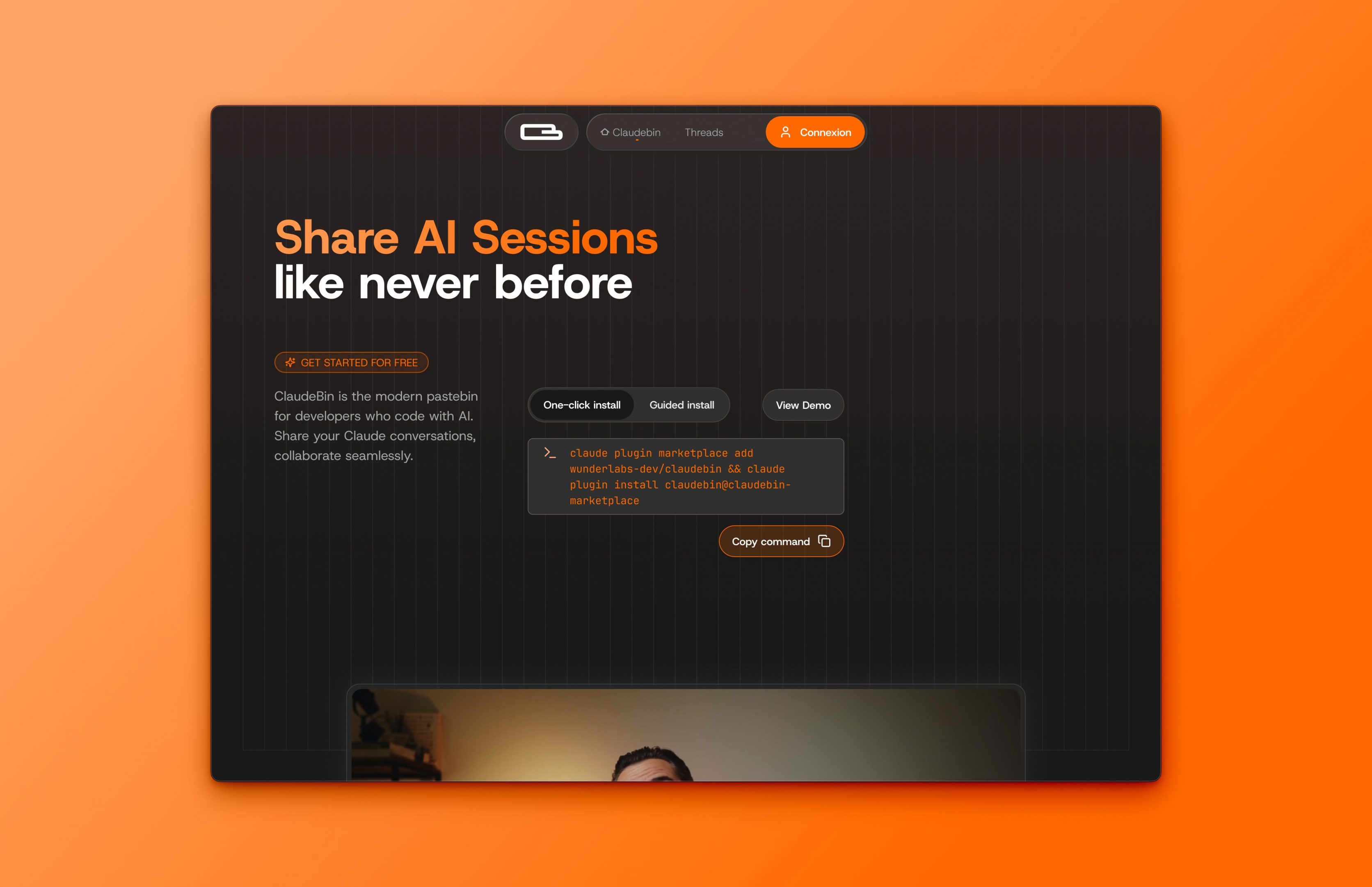First screen of the landing page for Claudebin