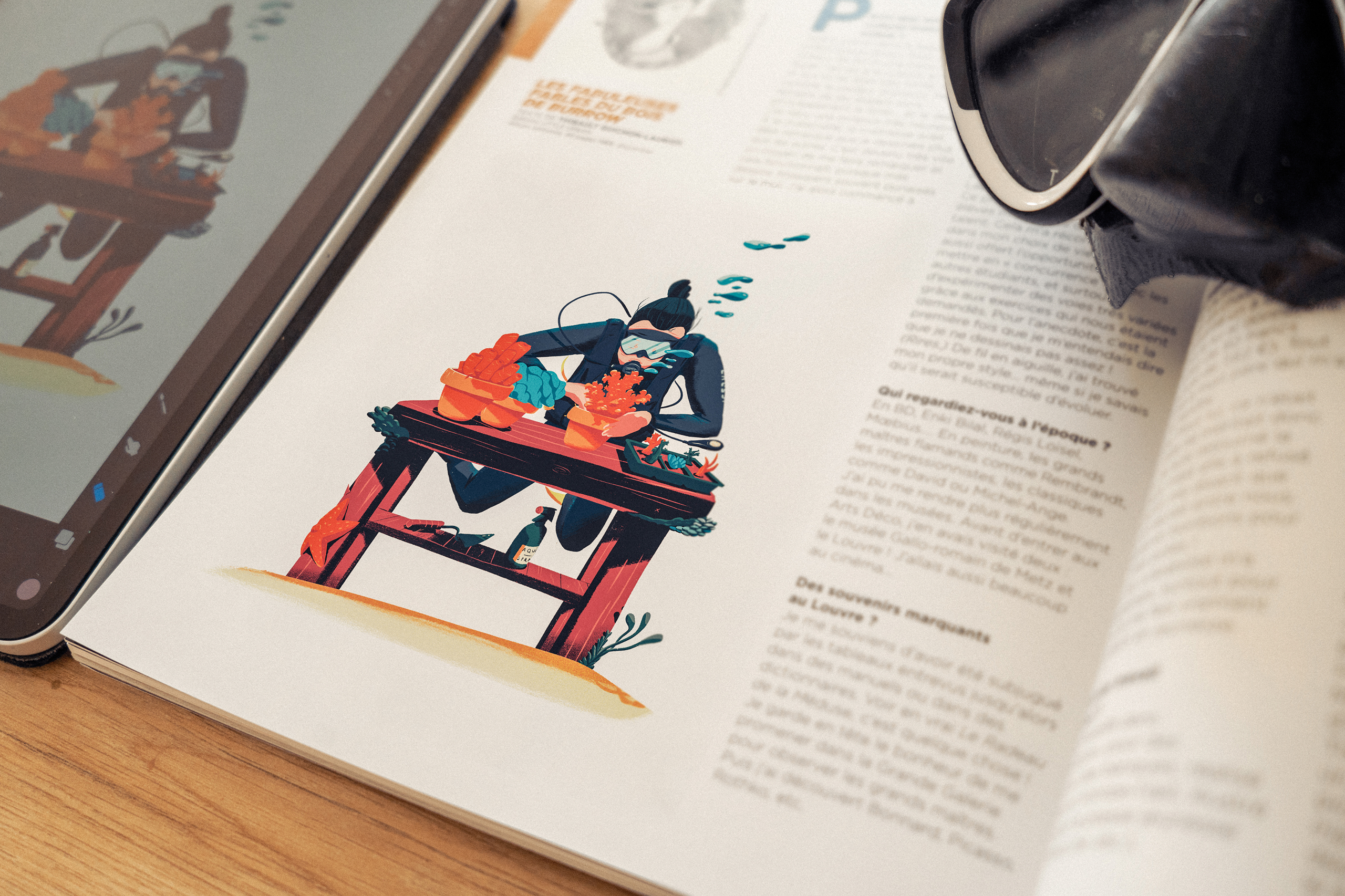 Illustration by Jason Dejaegere of a diver gardening in water printed on a magazine