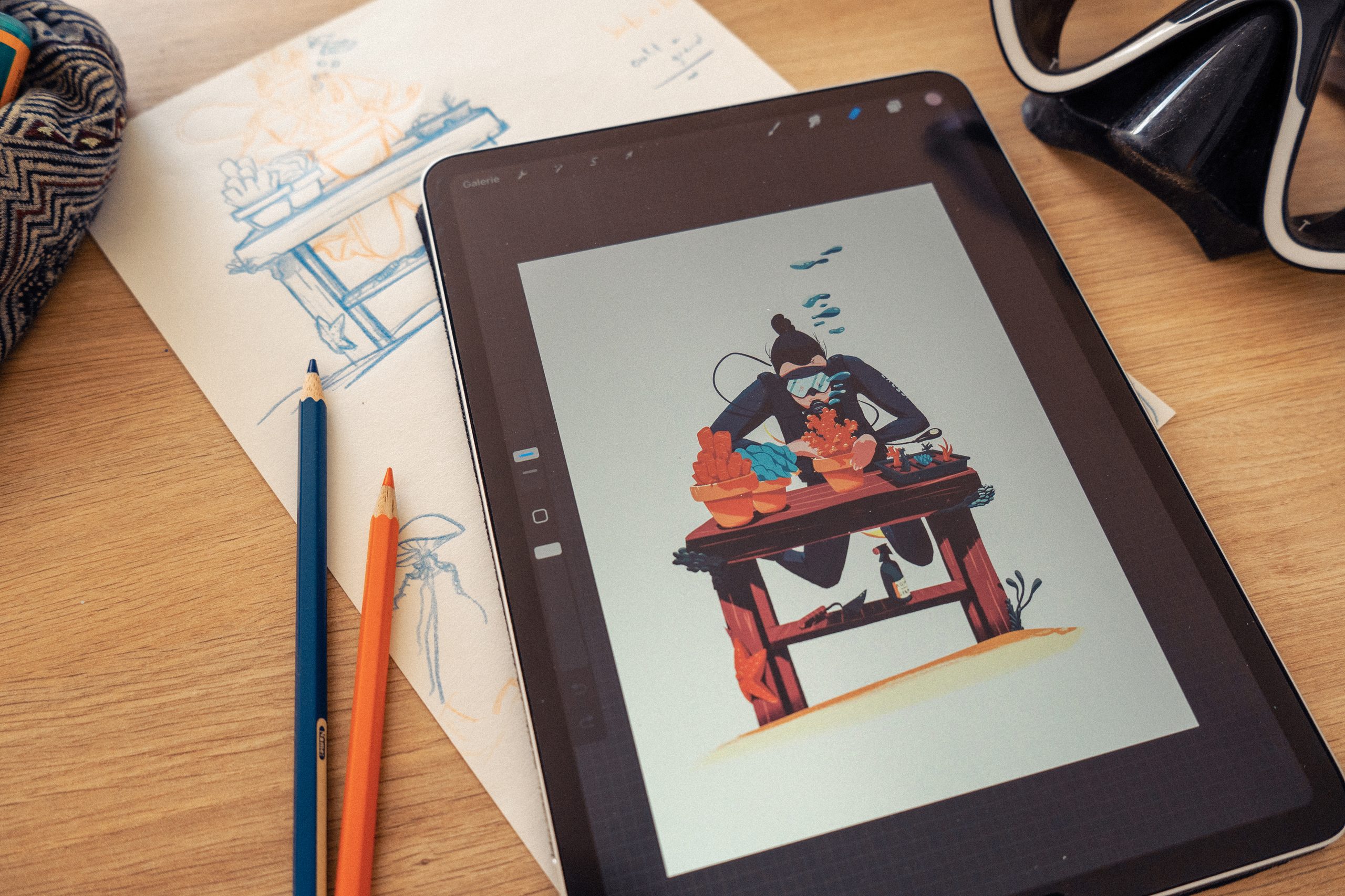 Illustration on Procreate by Jason Dejaegere of a diver gardening in water for a magazine