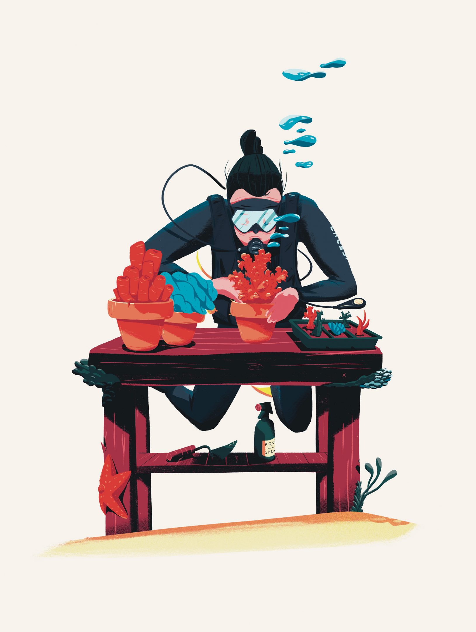 Illustration by Jason Dejaegere of a diver gardening in water for a magazine