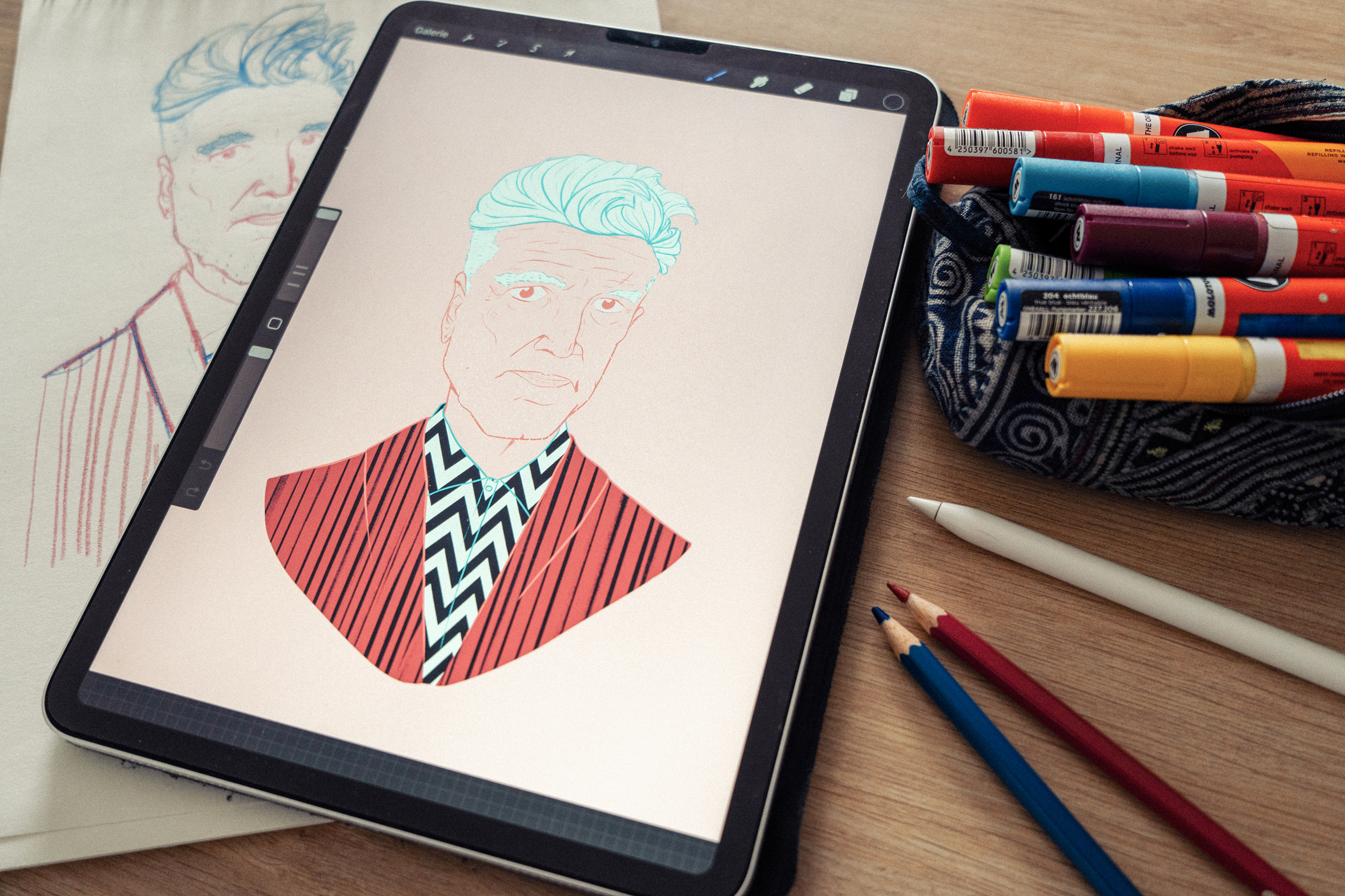 Illustration of David Lynch portrait on iPad by Jason Dejaegere