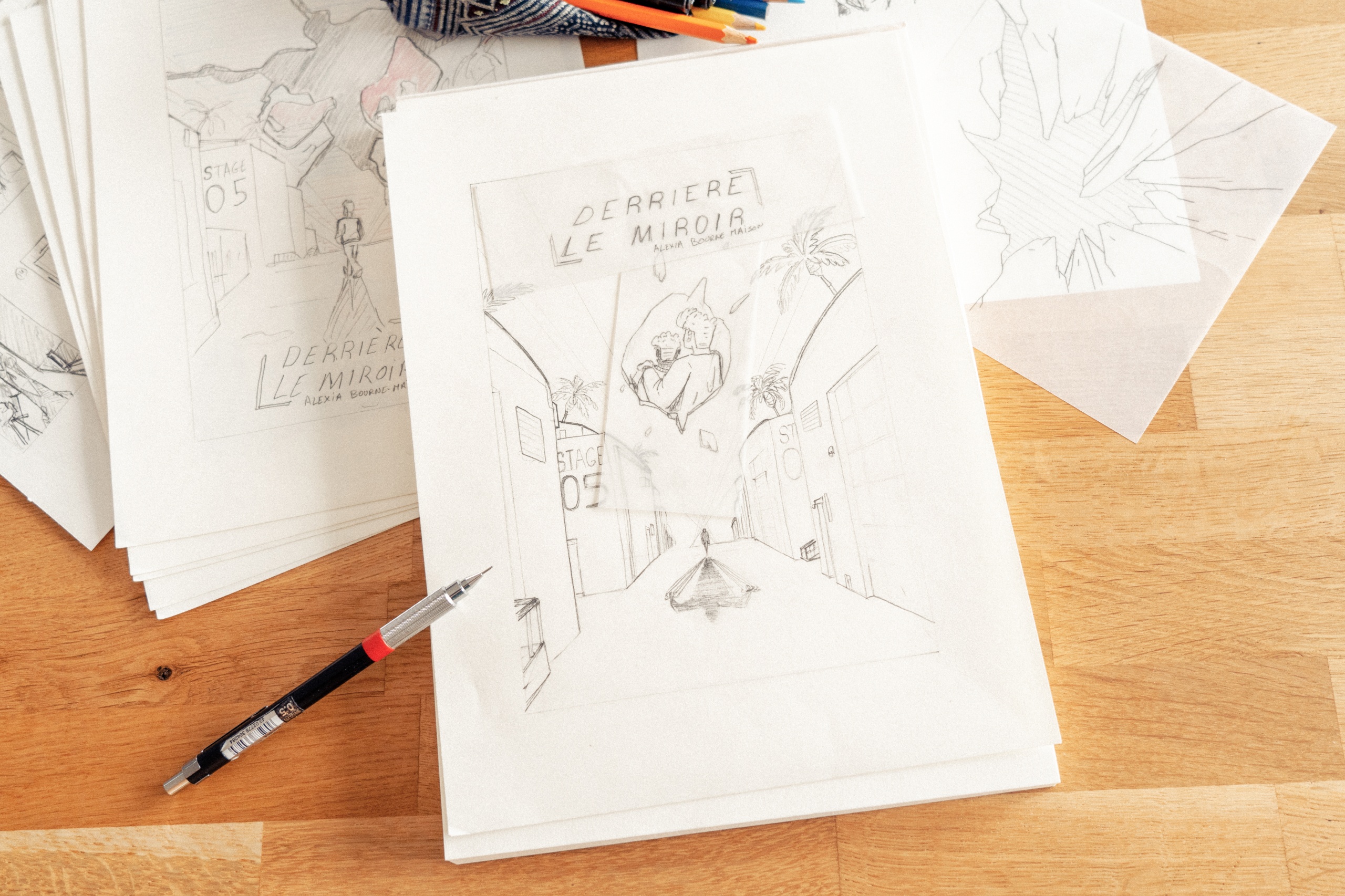 Final sketch for the book cover Derrière le miroir illustrated by Jason Dejaegere