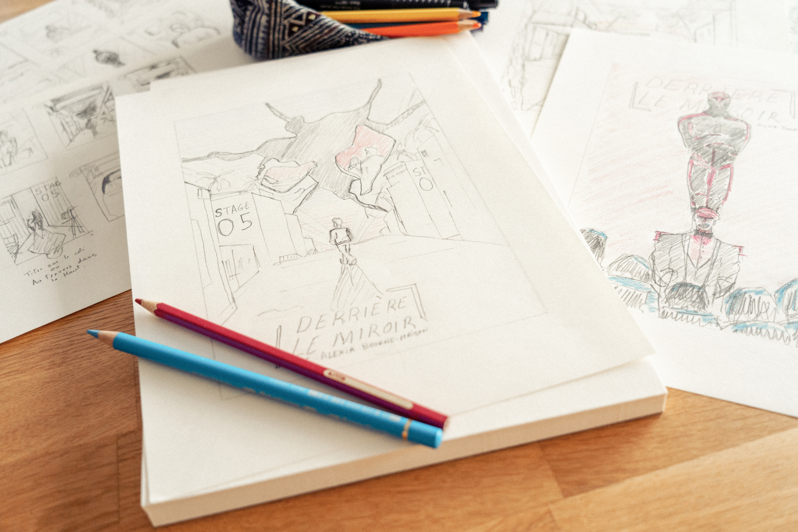 First sketch for the book cover Derrière le miroir illustrated by Jason Dejaegere