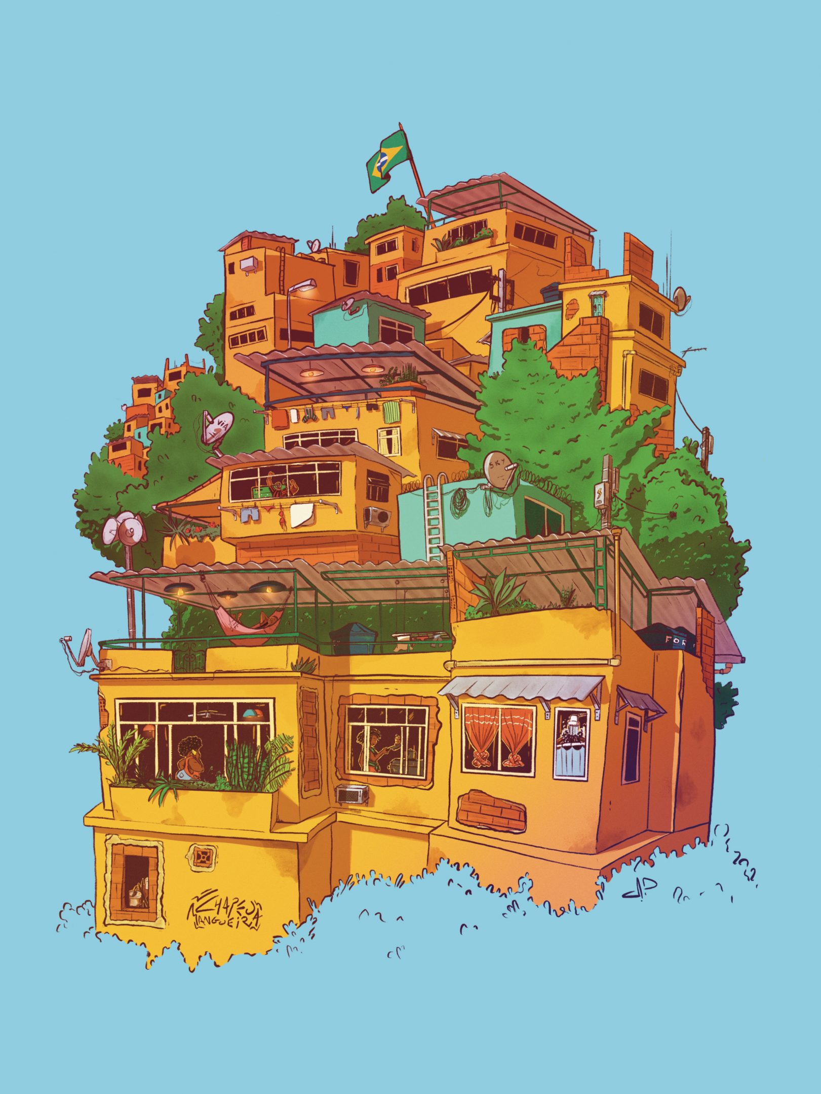 Illustration of the life in the favela Chapéu Mangueira in Rio de Janeiro in a cartoon style