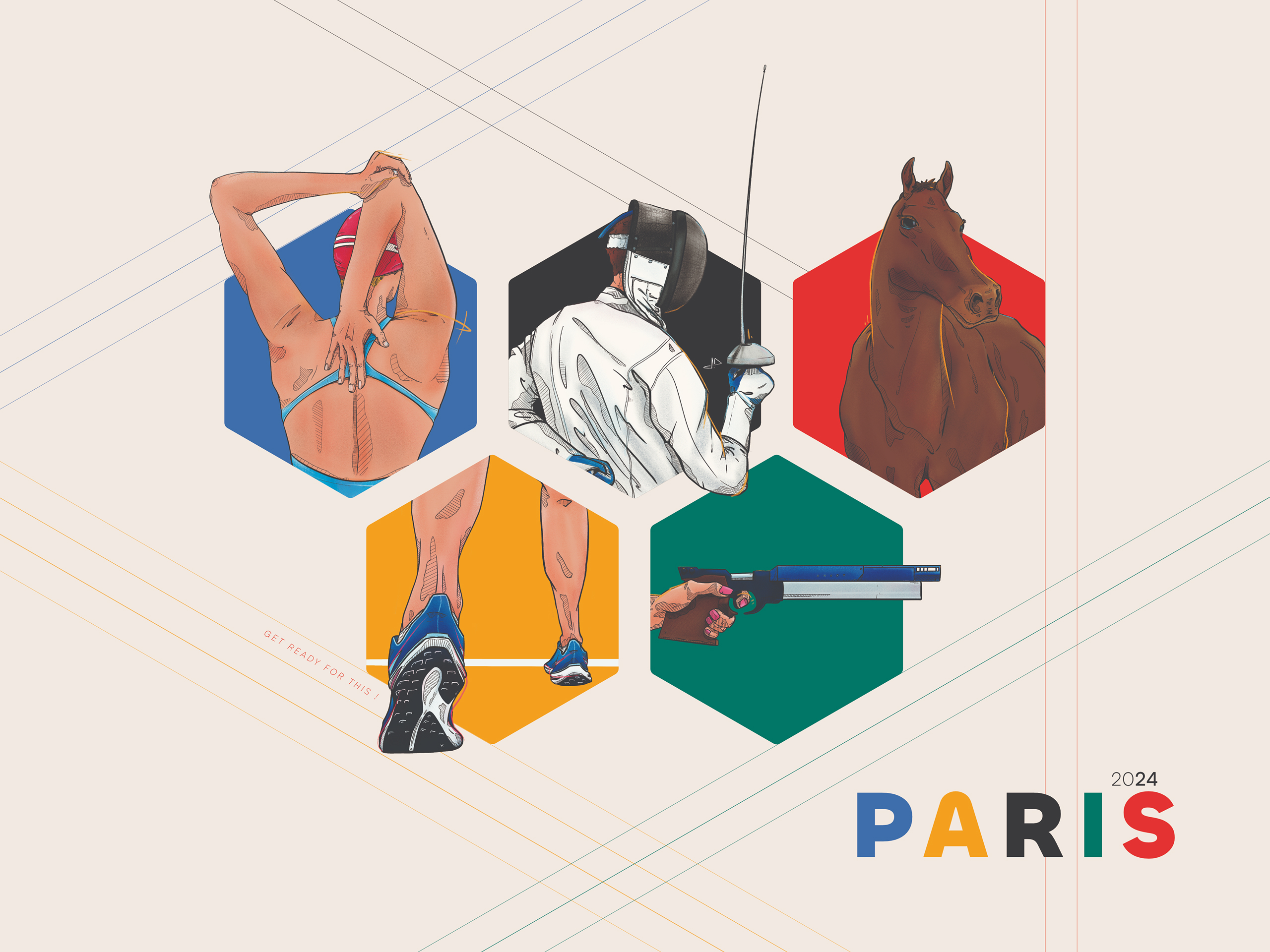 Poster modern pentathlon by Jason Dejaegere for Olympics Games in Paris 2024