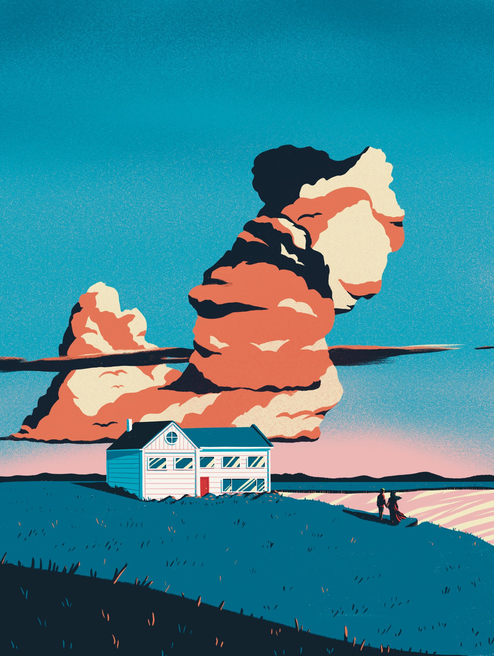 Illustration by Jason Dejaegere of a house near a lake with a couple watching the sunset