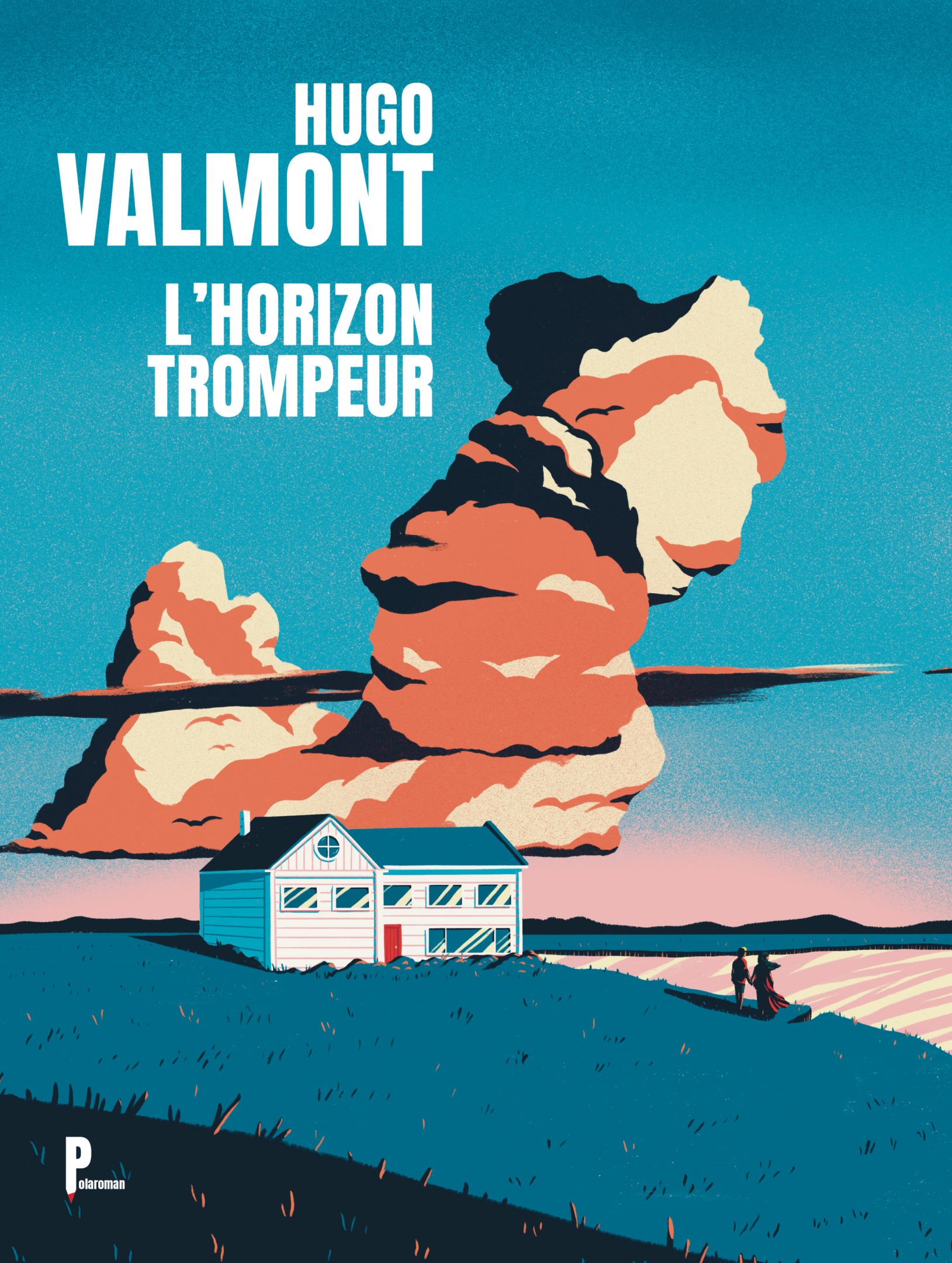 Illustration by Jason Dejaegere of a house near a lake with a couple watching the sunset for the novel L'horizon Trompeur