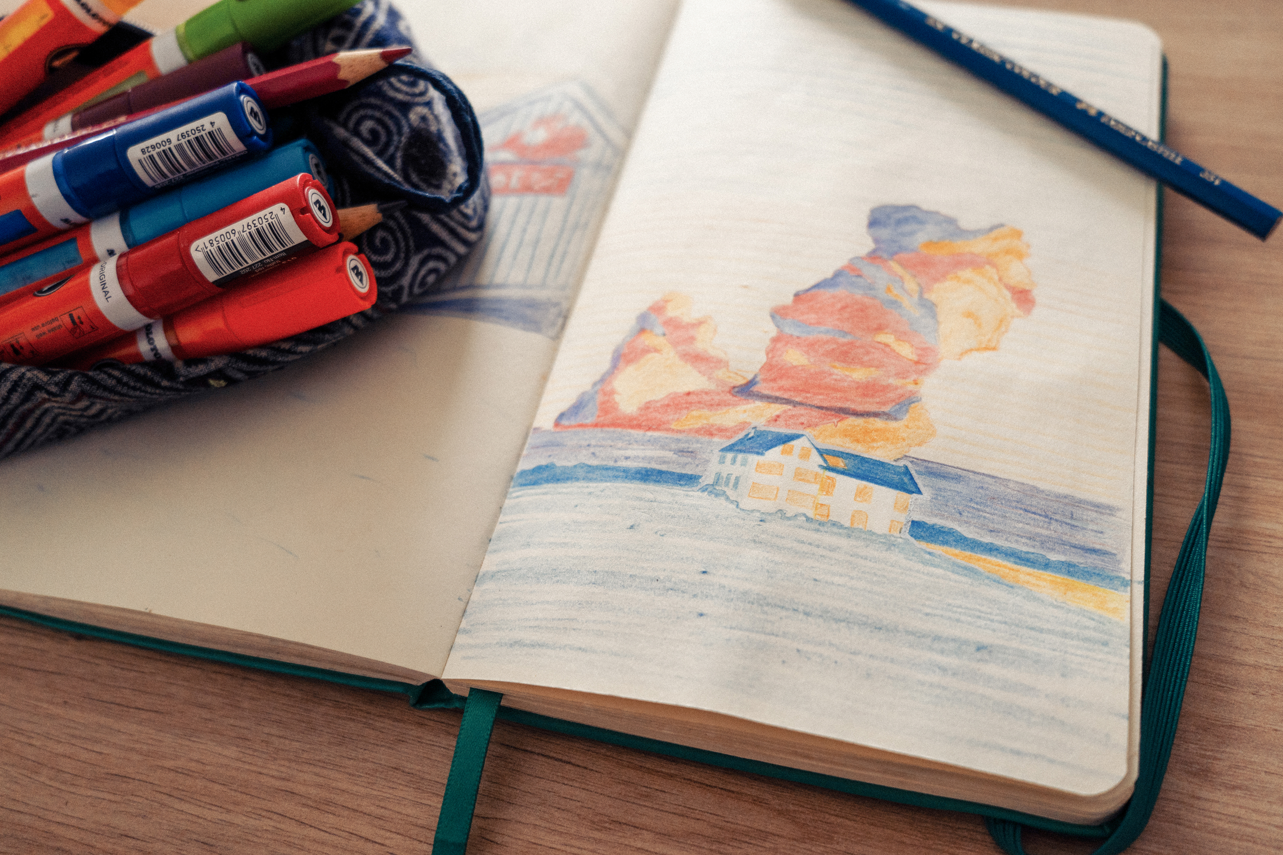 Sketches by Jason Dejaegere of a house near a lake with a couple watching the sunset for the novel L'horizon Trompeur