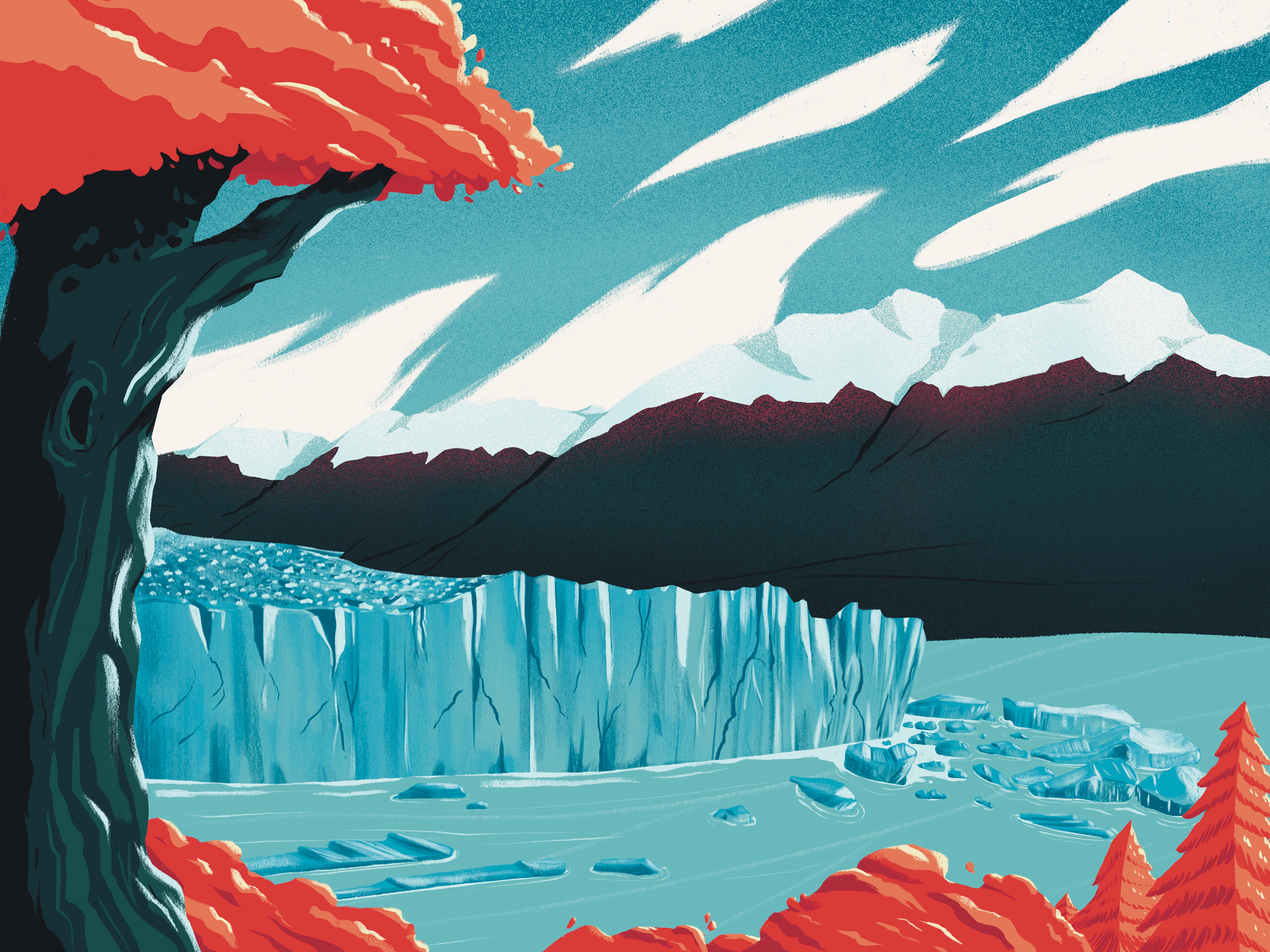 Illustration by Jason Dejaegere of glacier Perito Moreno for Le Cri du Glavier a polar novel