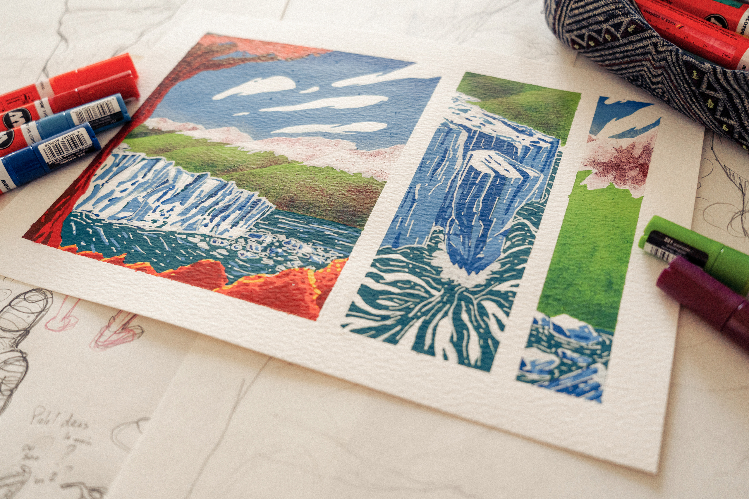 Sketches and graphic researches by Jason Dejaegere of glacier Perito Moreno for Le Cri du Glavier a polar novel