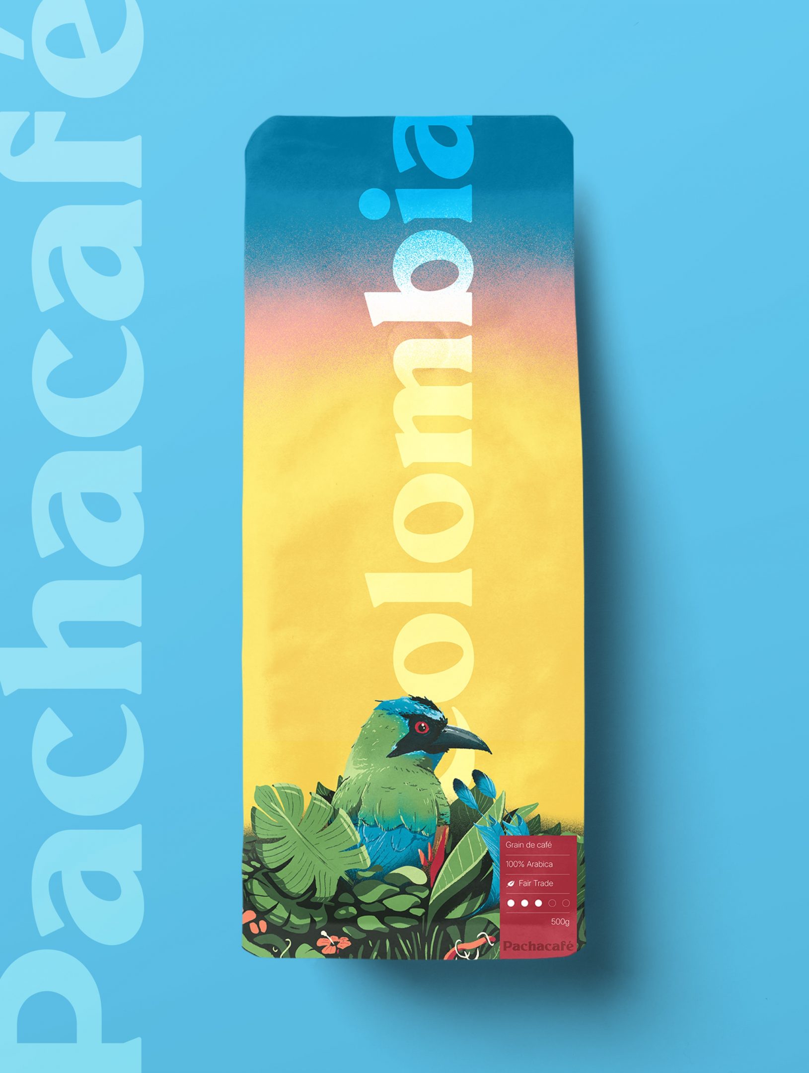 Mockup of a coffee bag illustrated by Jason Dejaegere for the colombian
 coffee beans