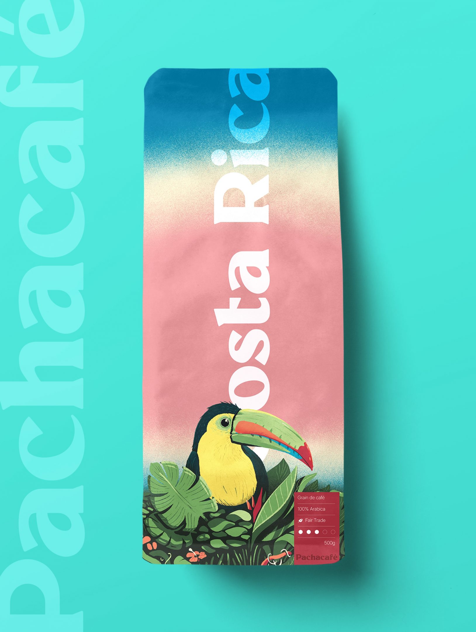 Mockup of a coffee bag illustrated by Jason Dejaegere for the costa rican coffee beans