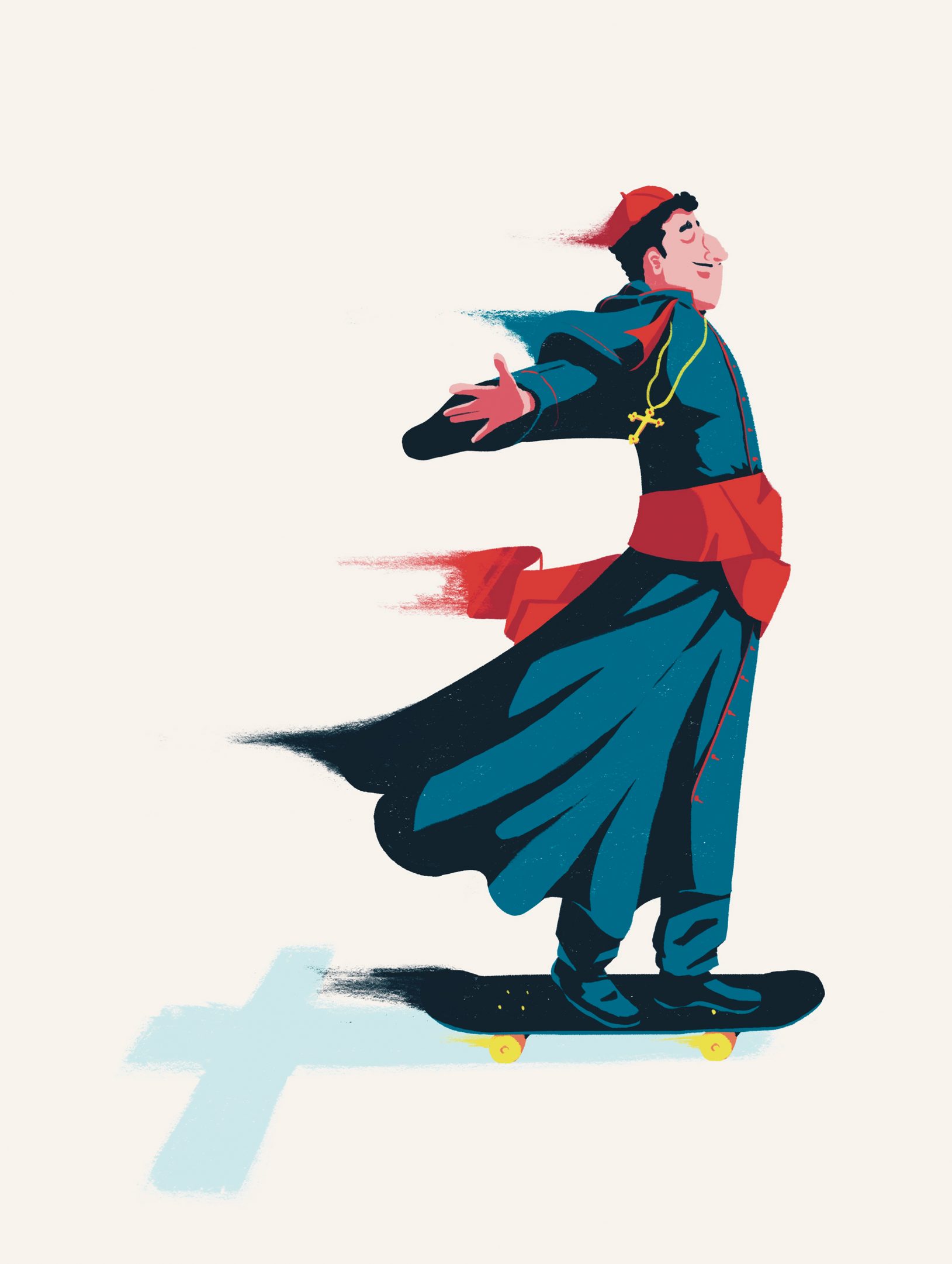 Illustration by Jason Dejaegere of a priest on a skateboard