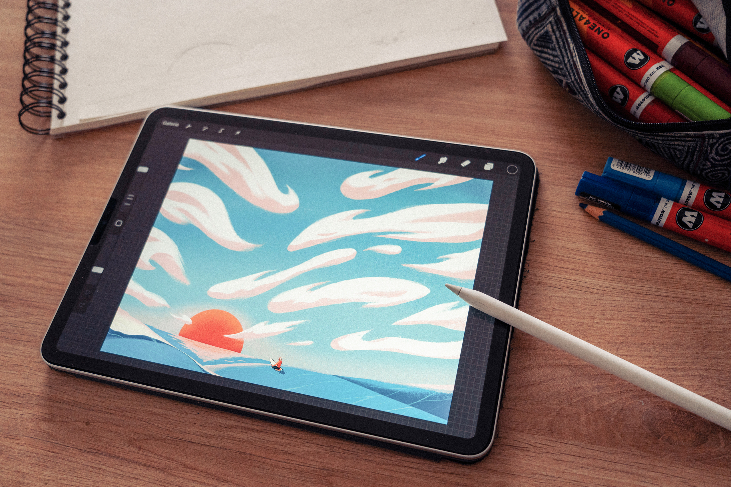 Illustration on Procreate by Jason Dejaegere of a surfer watching the sunset on the colombian sea