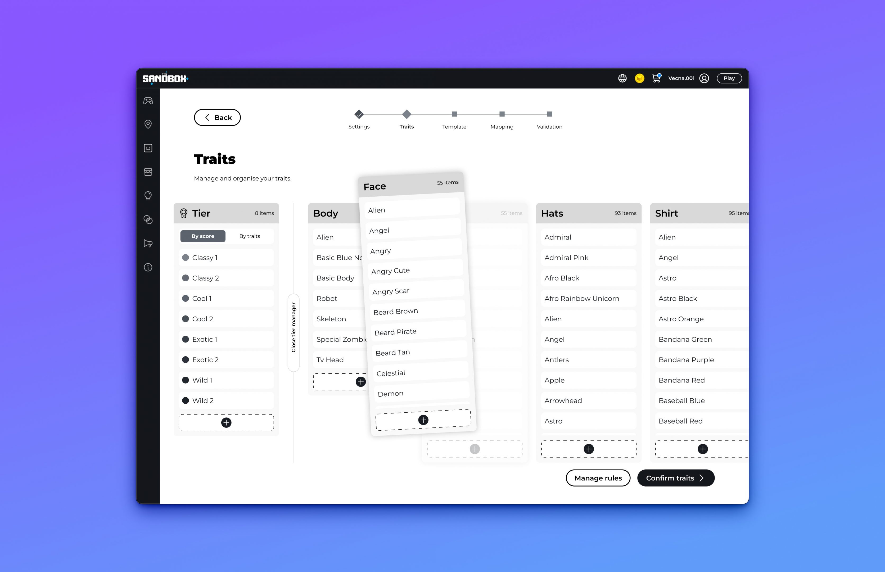 Wireframe for the Collection Configurator of Sandbox