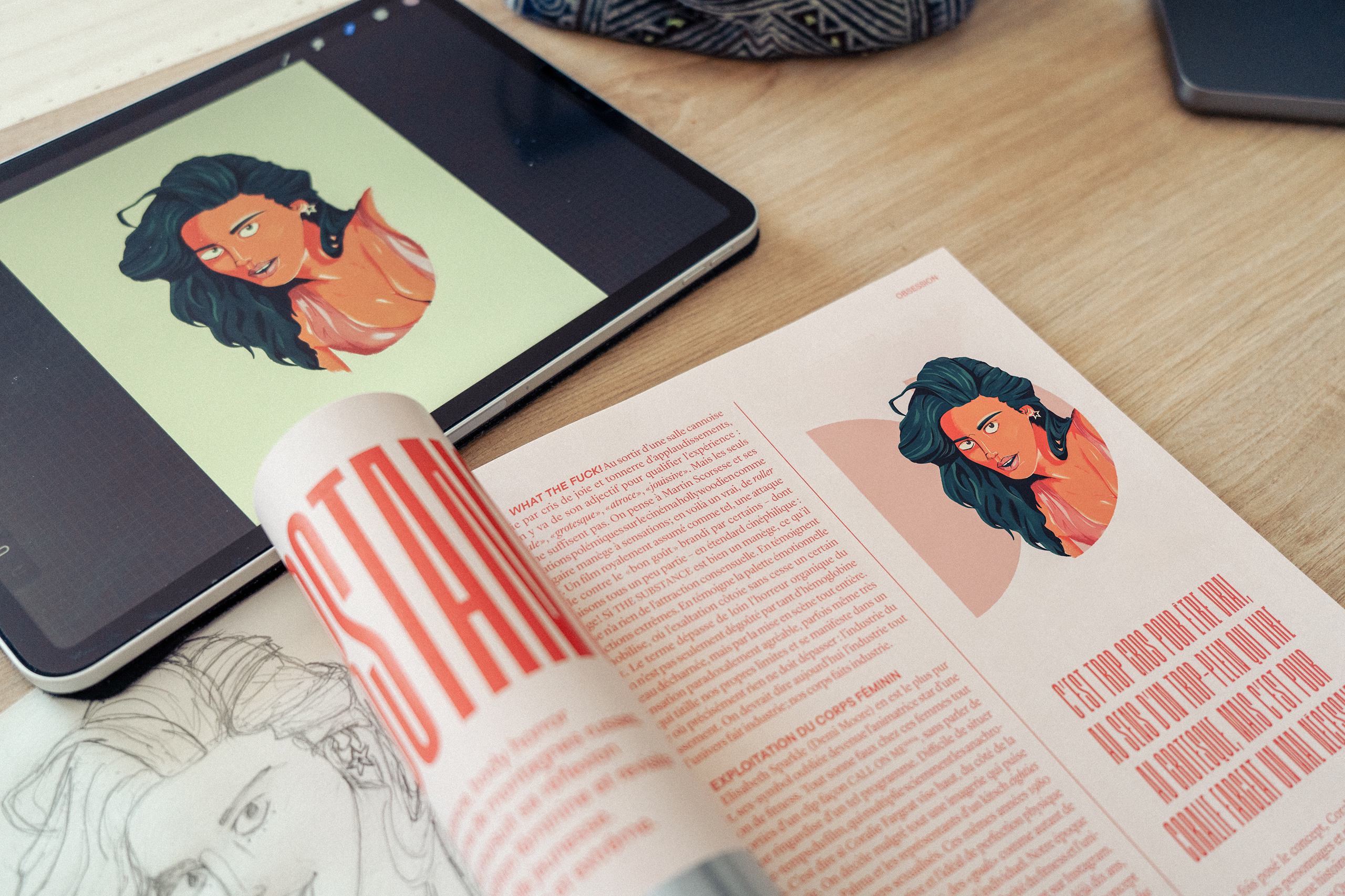 Mockup in a article magazine of the portrait for the movie The Substance