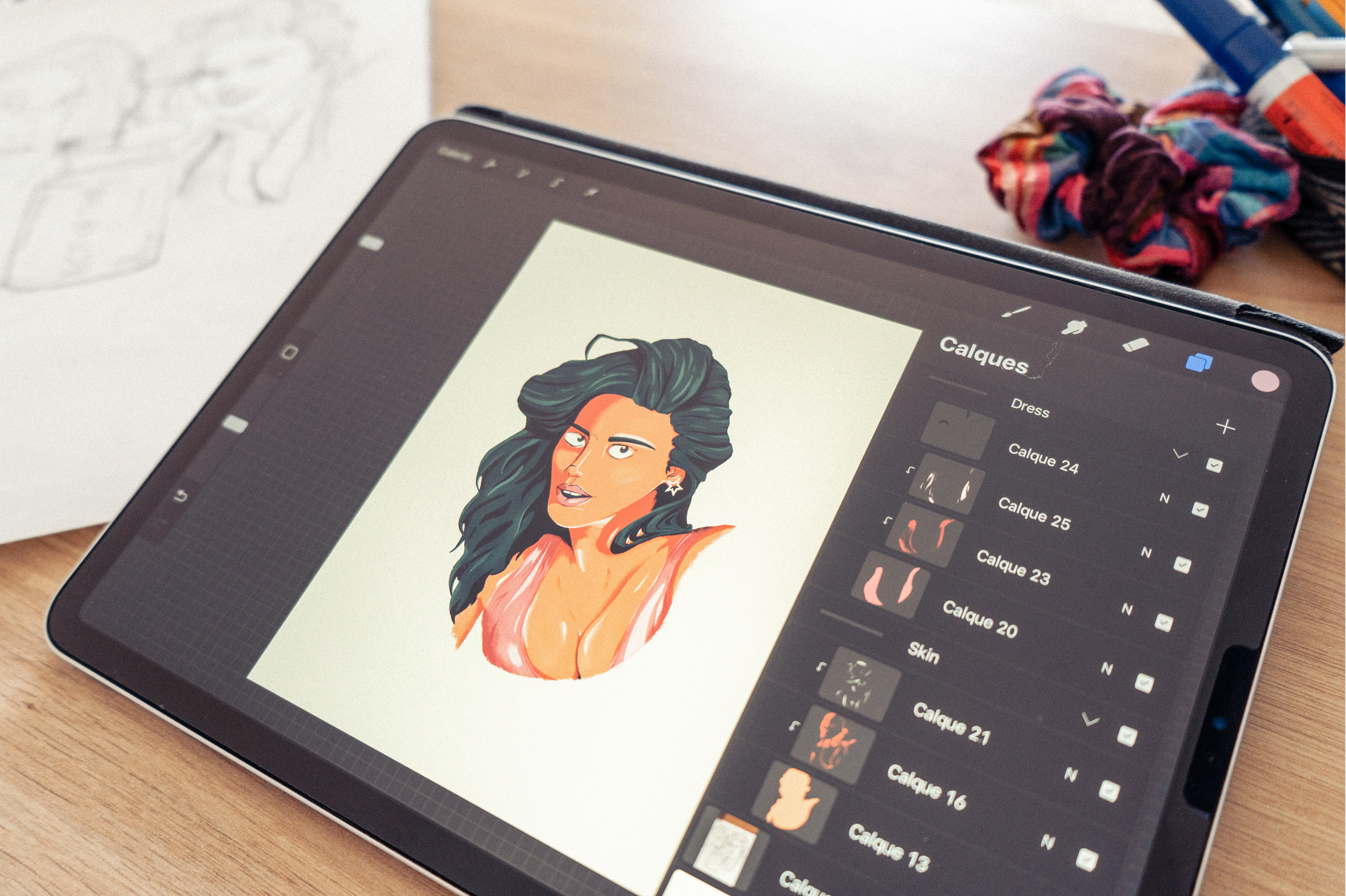 Drawing portrait on procreate iPad of Margaret Qualley in the movie The Substance