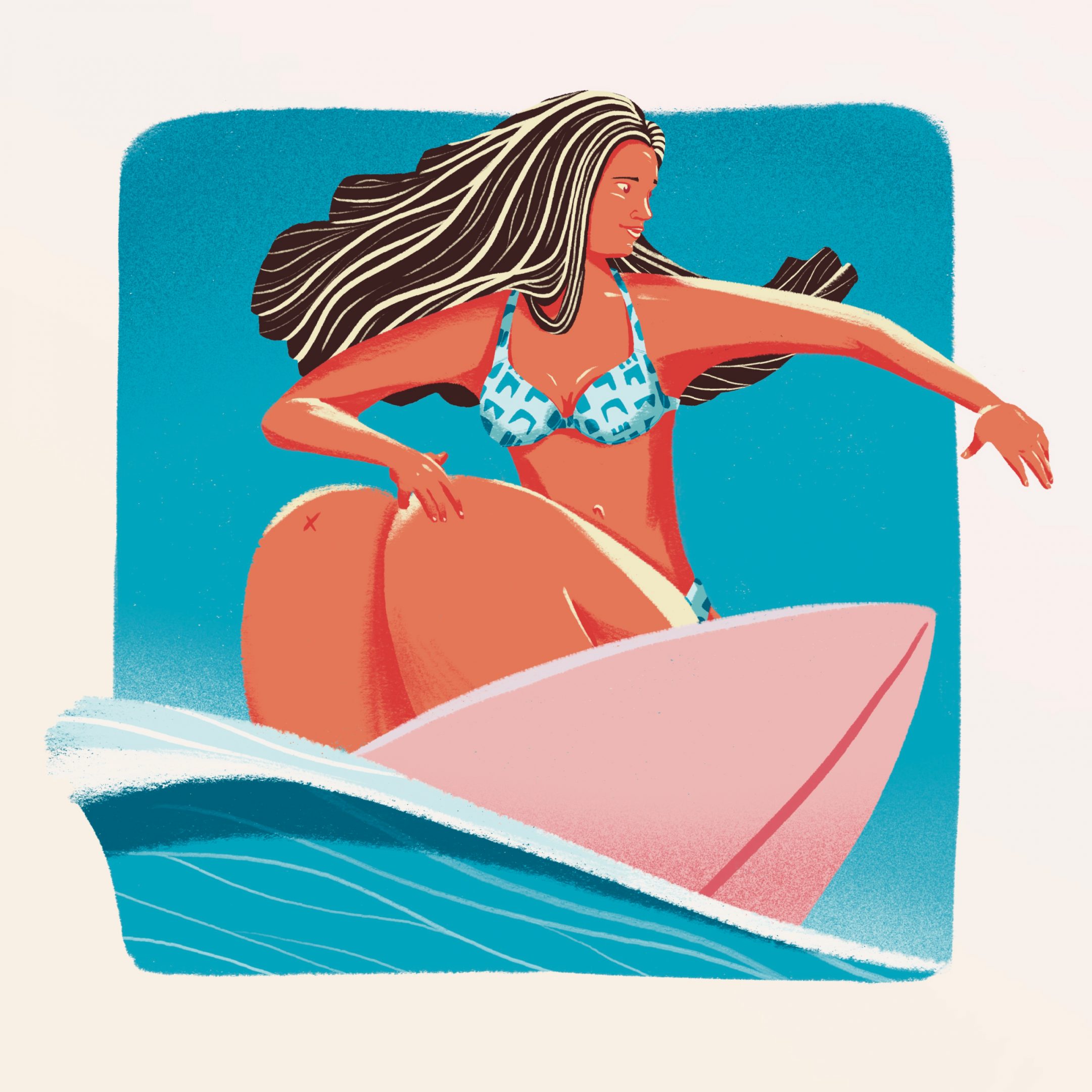Illustration by Jason Dejaegere of a brown hair surf girl on a board surfing the wave