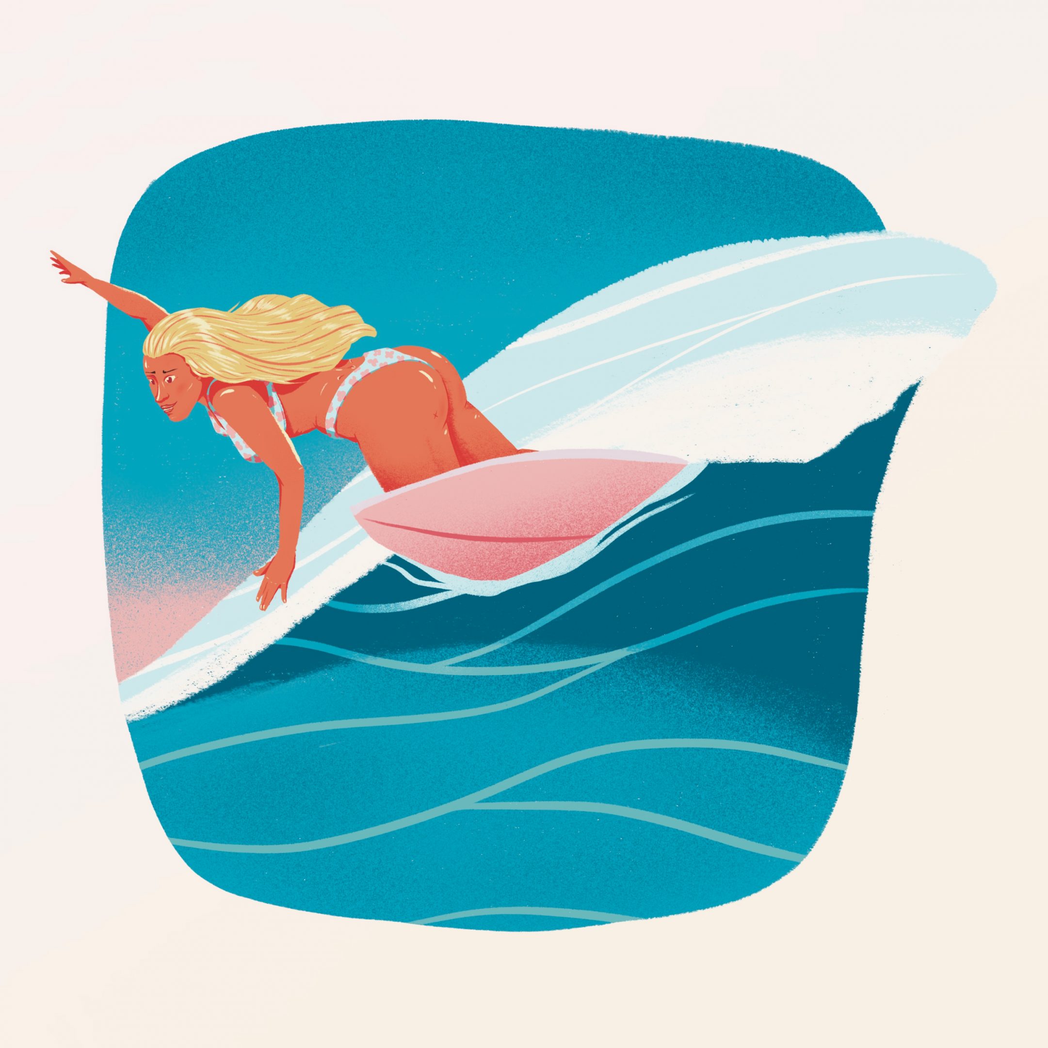 Illustration by Jason Dejaegere of a blond hair surf girl on a board surfing the wave