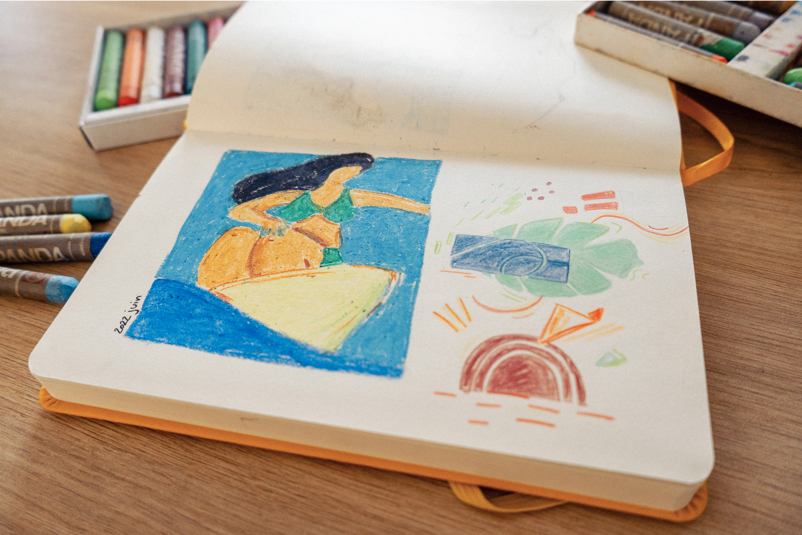 Pastel sketch by Jason Dejaegere of a blond hair surf girl on a board surfing the wave