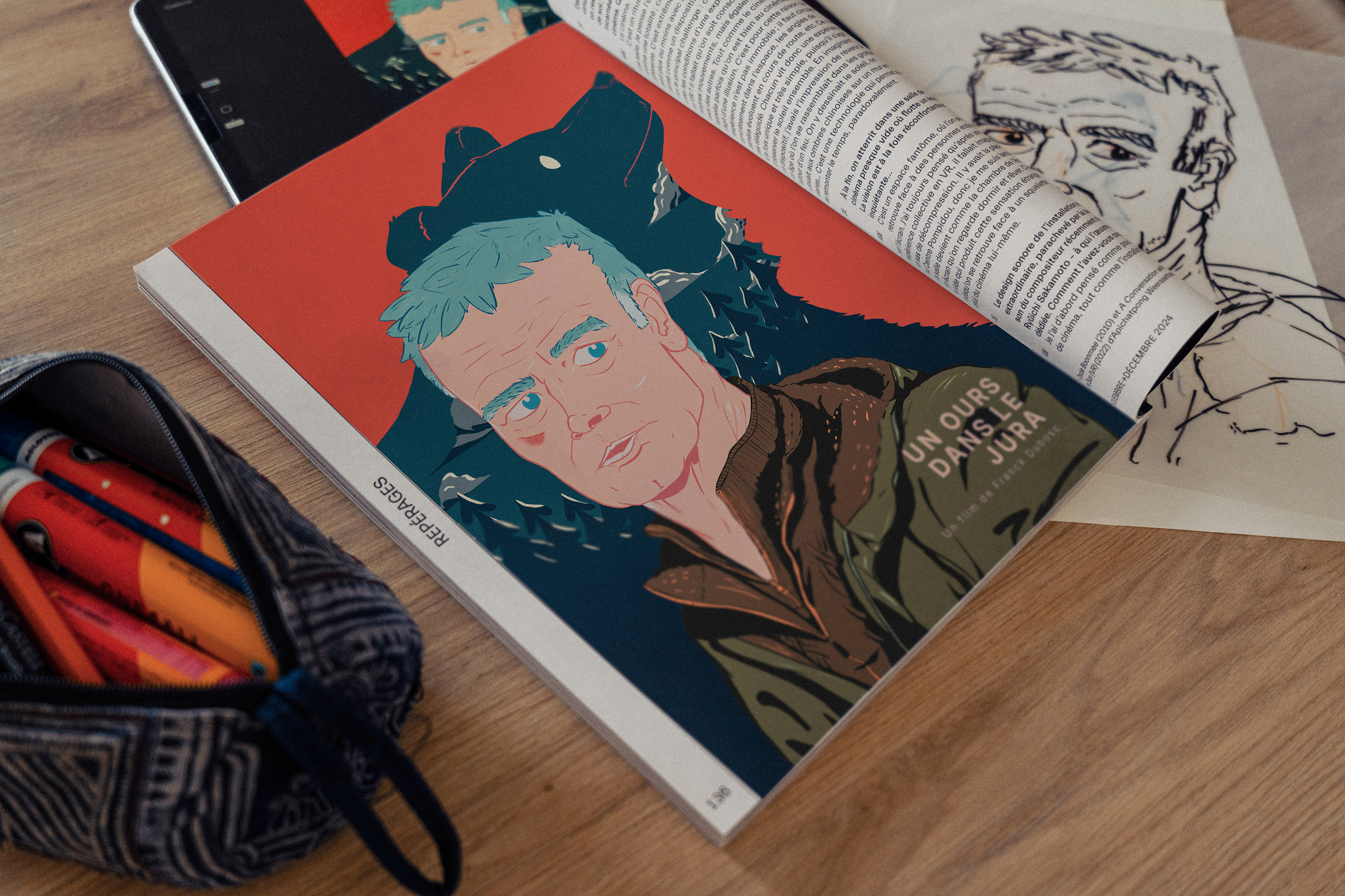 Mockup for the illustration by Jason Dejaegere of a portrait of Franck Dubosc for the movie Un Ours dans le Jura in the magazine La Septième Obsession