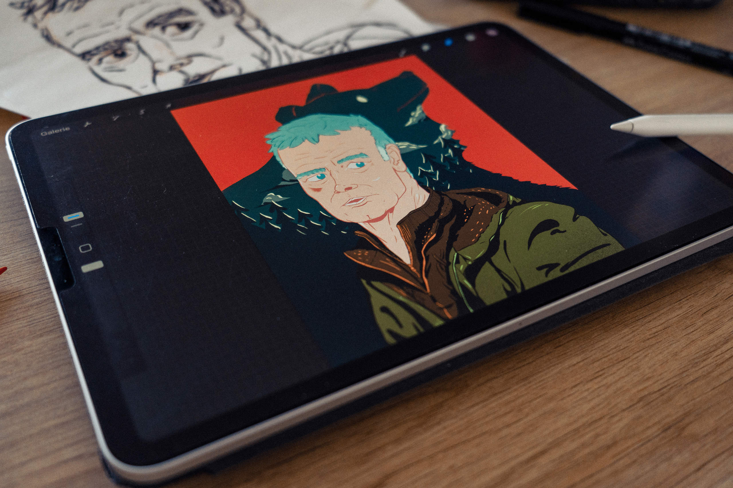 Illustration on Procreate by Jason Dejaegere of a portrait of Franck Dubosc for the movie Un Ours dans le Jura