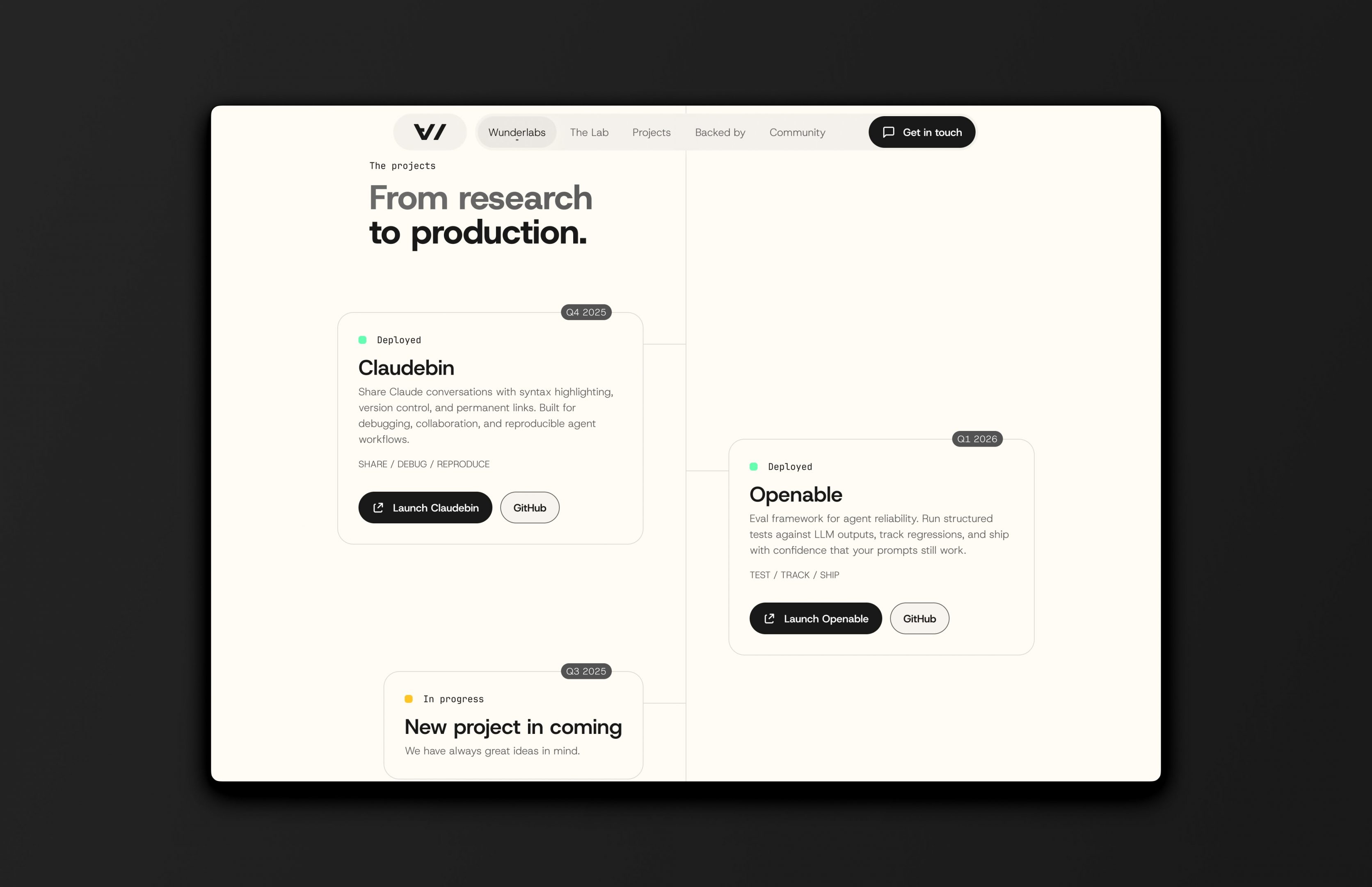Projects inside the labs of Wunderlabs, Claudebin and Openable