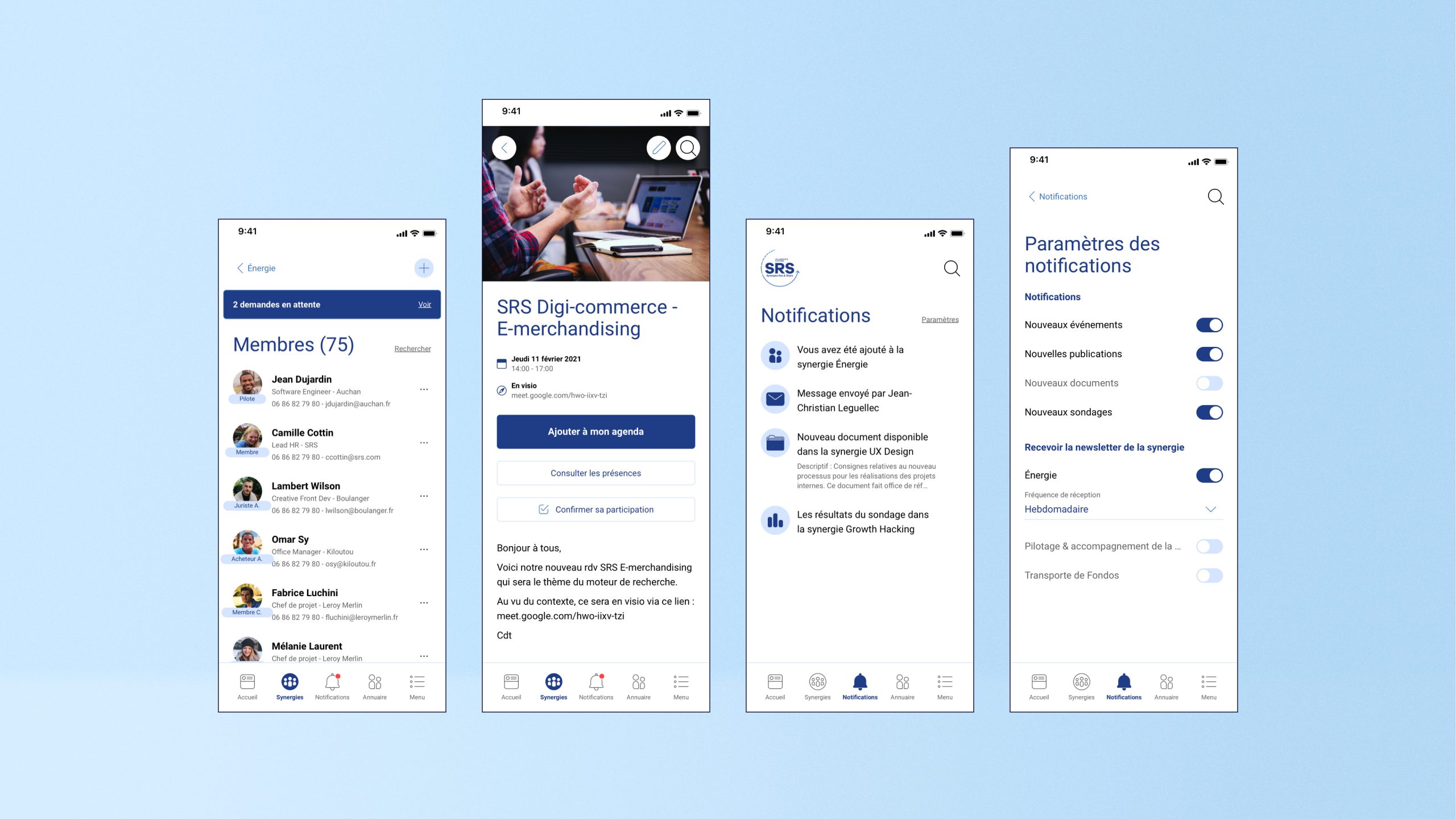 Aperçu de l'annuaire, des événements et des notifications